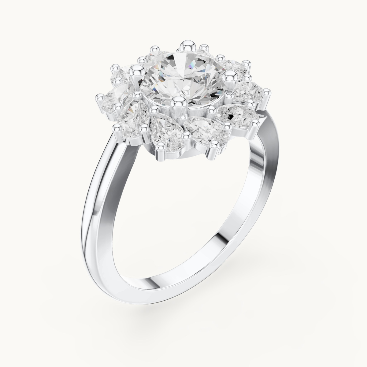 Round lab-grown diamond flower halo engagement ring in 14K white gold, 2.43 CT TW, view 2