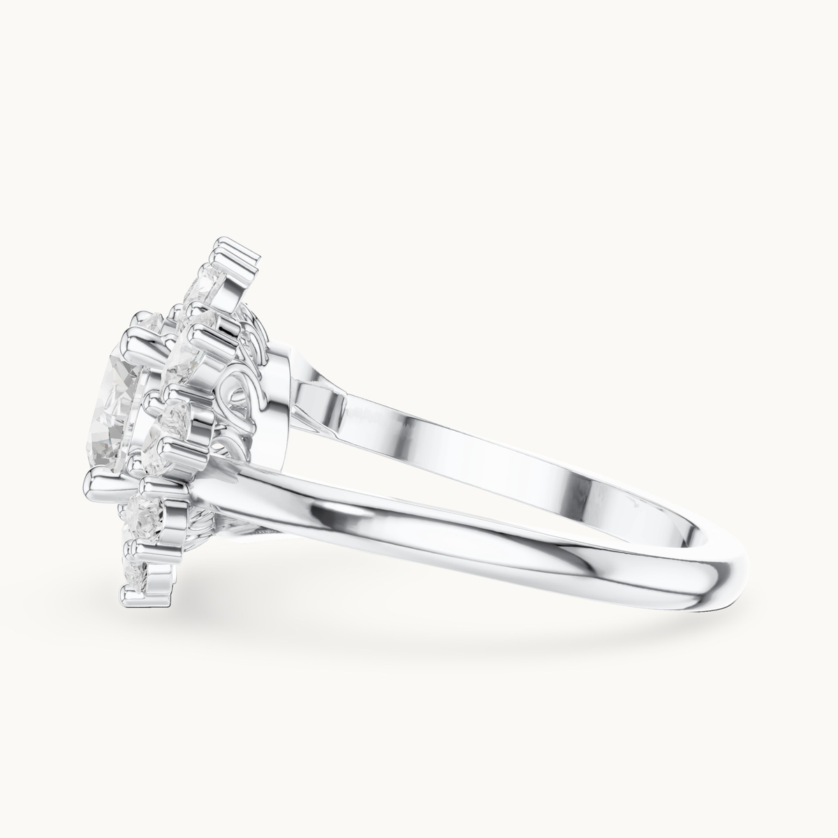Round lab-grown diamond flower halo engagement ring in 14K white gold, 2.43 CT TW, view 3
