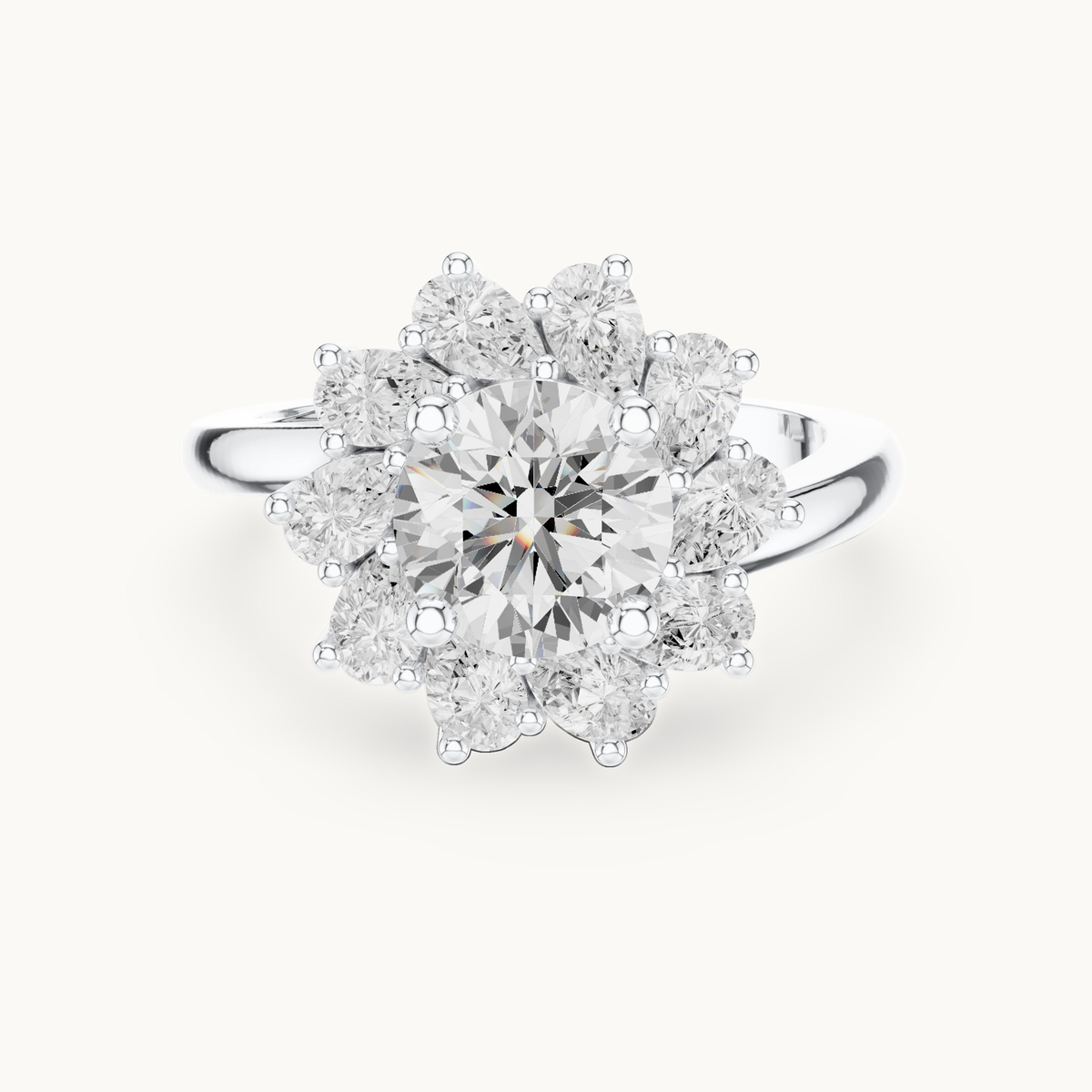 Round lab-grown diamond flower halo engagement ring in 14K white gold, 2.43 CT TW, view 4