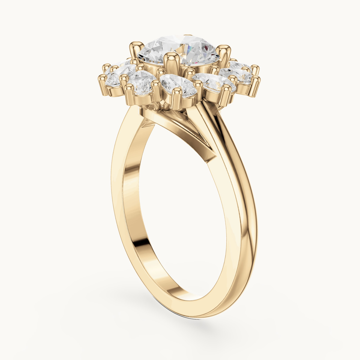 Round lab-grown diamond flower halo engagement ring in 14K yellow gold, 2.43 CT TW, view 1