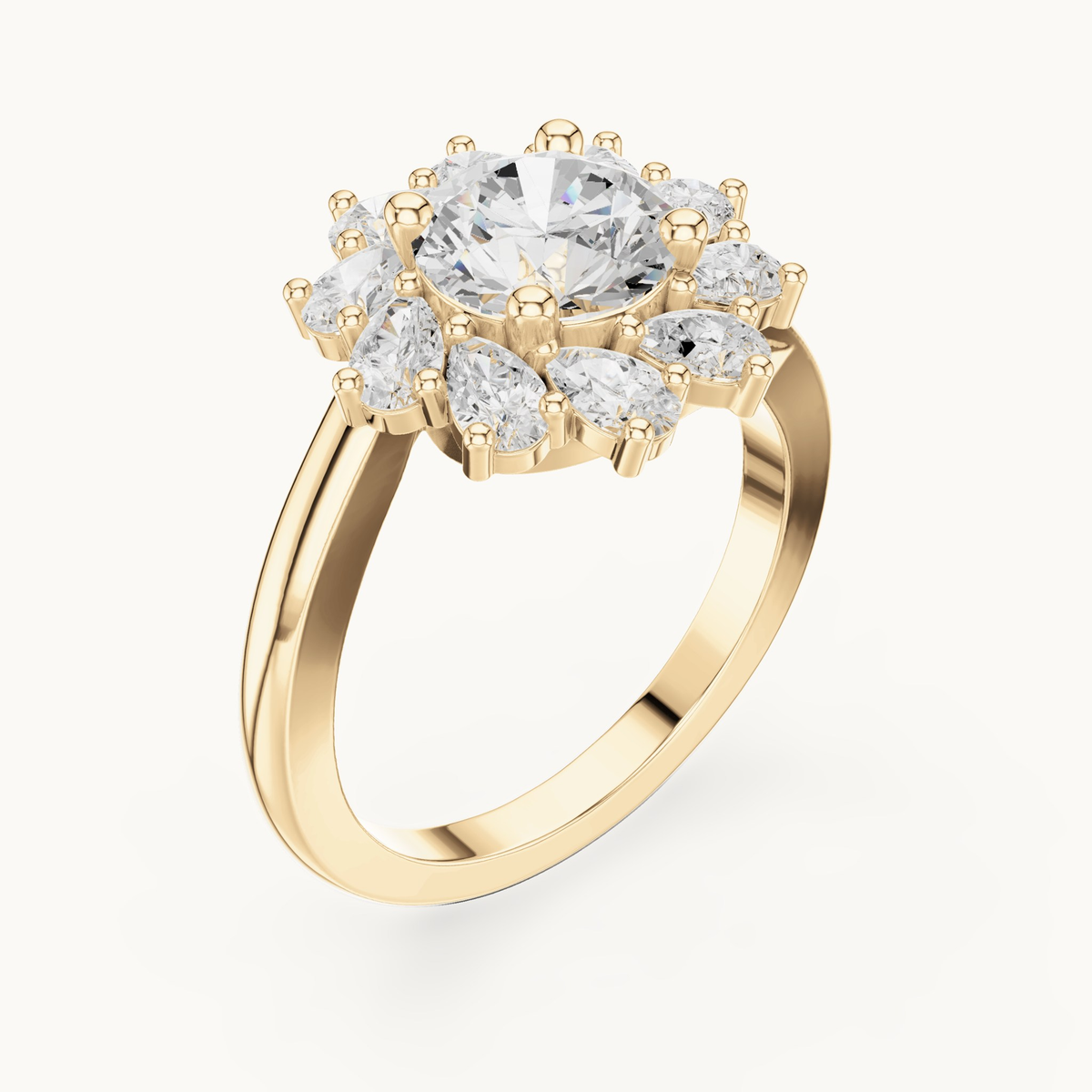 Round lab-grown diamond flower halo engagement ring in 14K yellow gold, 2.43 CT TW, view 2
