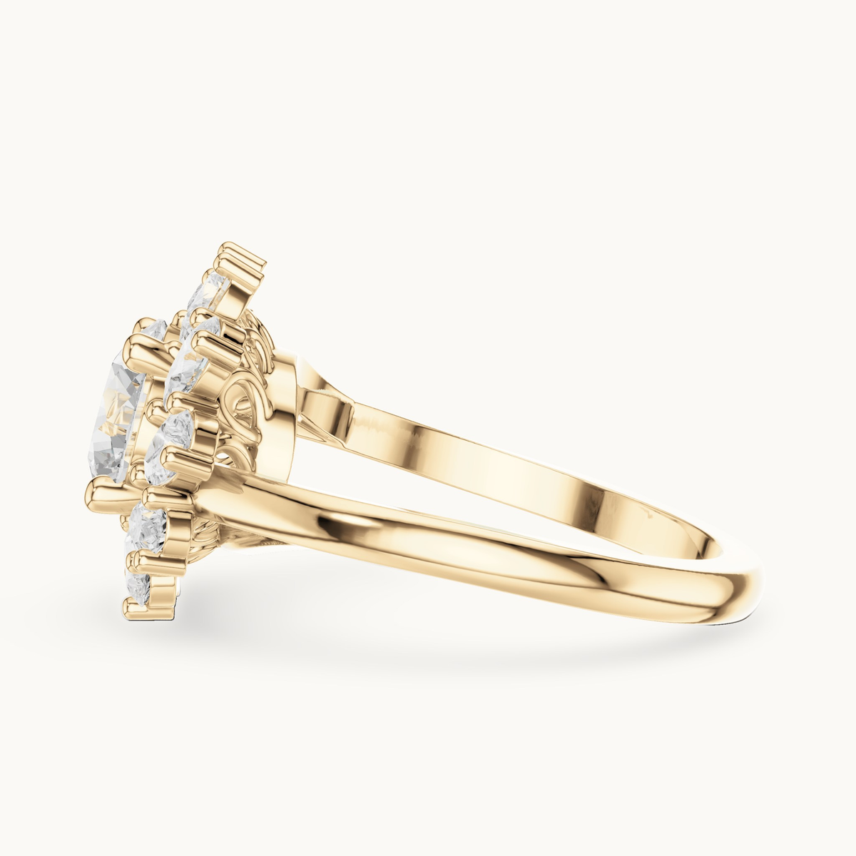 Round lab-grown diamond flower halo engagement ring in 14K yellow gold, 2.43 CT TW, view 3