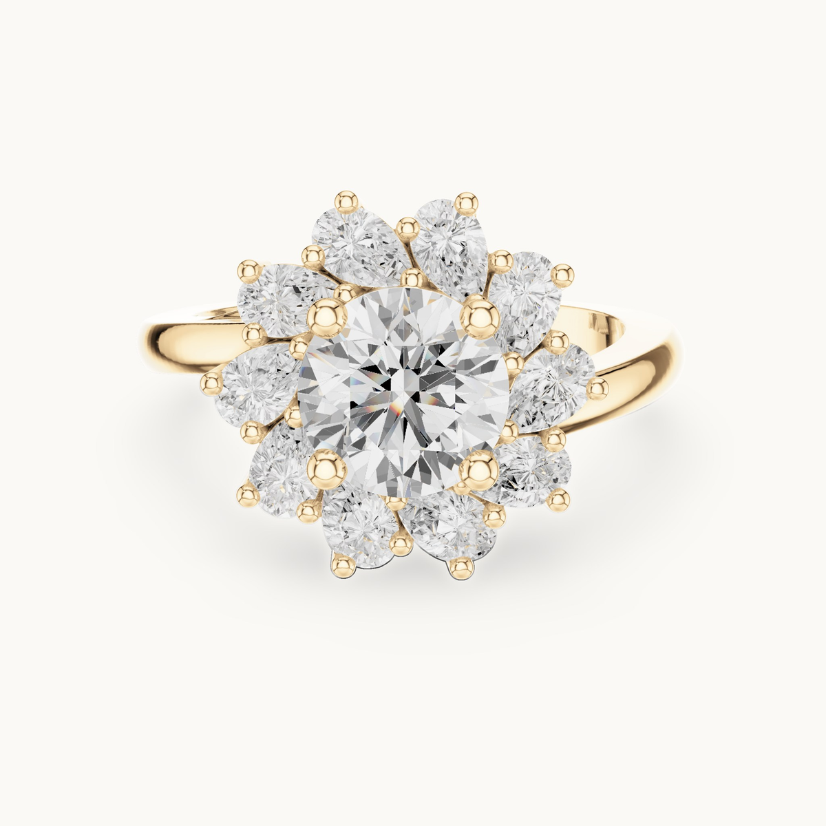 Round lab-grown diamond flower halo engagement ring in 14K yellow gold, 2.43 CT TW, view 4