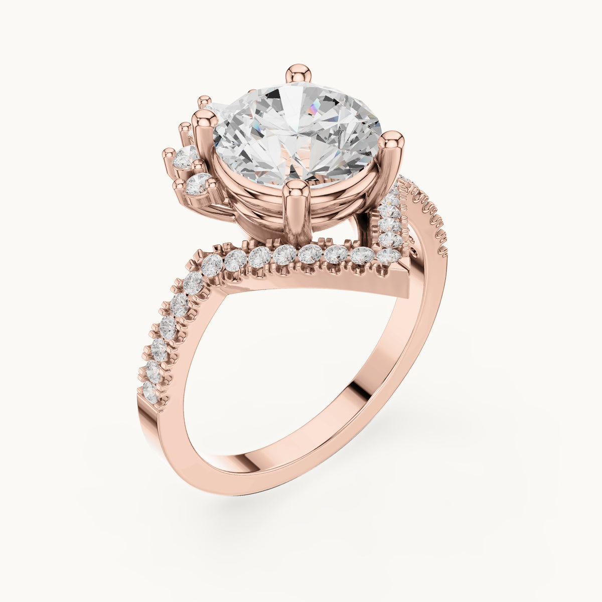 Round, marquise and pear lab-grown diamond crown halo engagement ring in rose gold, 2.777 CT TW, view 2