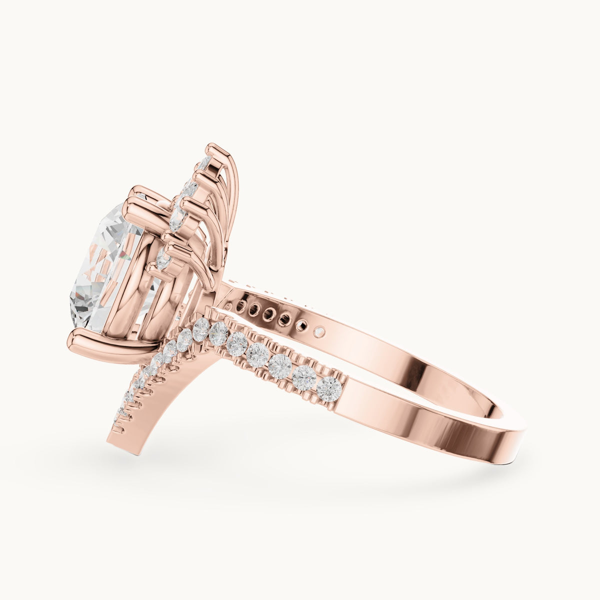 Round, marquise and pear lab-grown diamond crown halo engagement ring in rose gold, 2.777 CT TW, view 3