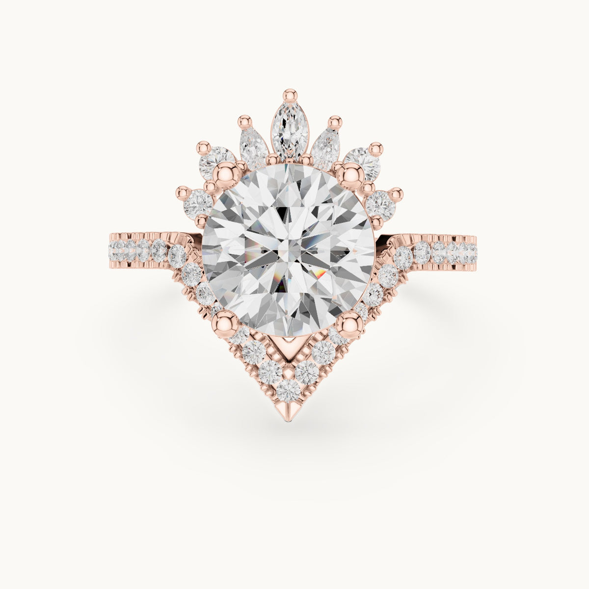 Round, marquise and pear lab-grown diamond crown halo engagement ring in rose gold, 2.777 CT TW, view 4