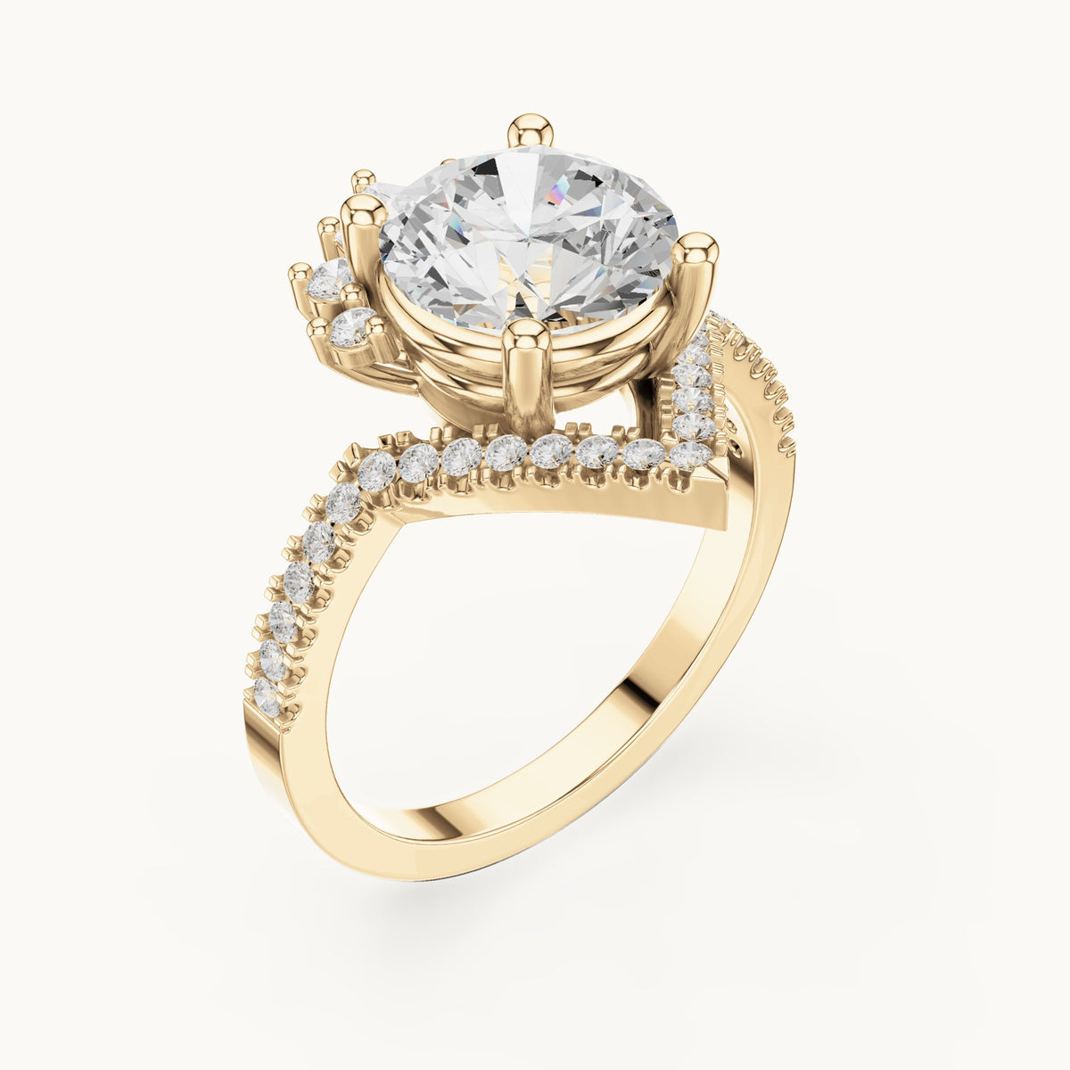 Round, marquise and pear lab-grown diamond crown halo engagement ring in yellow gold, 2.777 CT TW, view 2