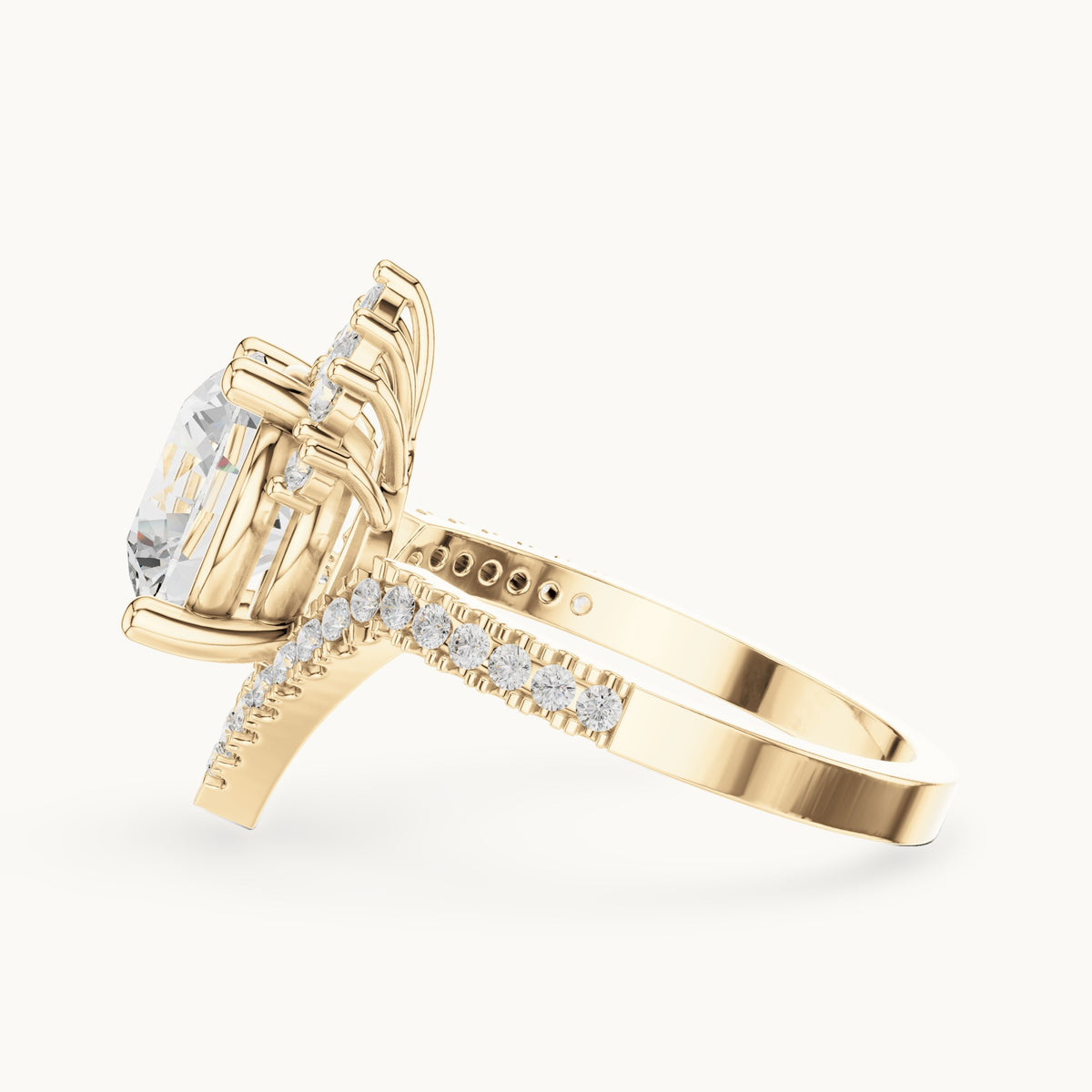 Round, marquise and pear lab-grown diamond crown halo engagement ring in yellow gold, 2.777 CT TW, view 3