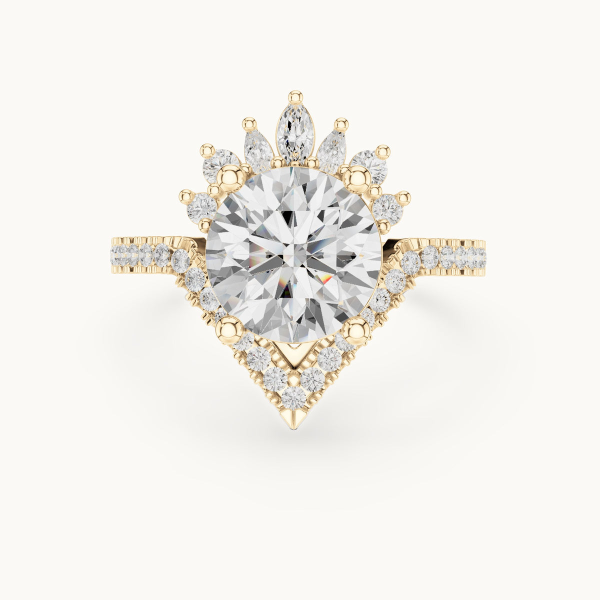 Round, marquise and pear lab-grown diamond crown halo engagement ring in yellow gold, 2.777 CT TW, view 4