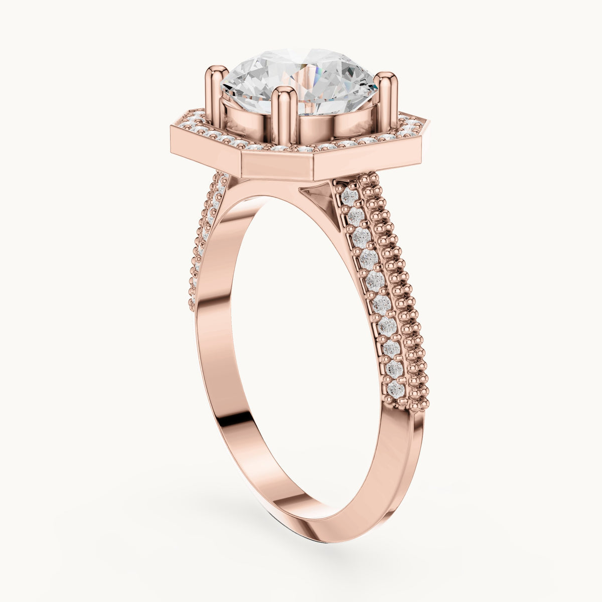 Round lab-grown diamond octagon halo engagement ring with pavé band in rose gold, 2.44 CT TW, view 1
