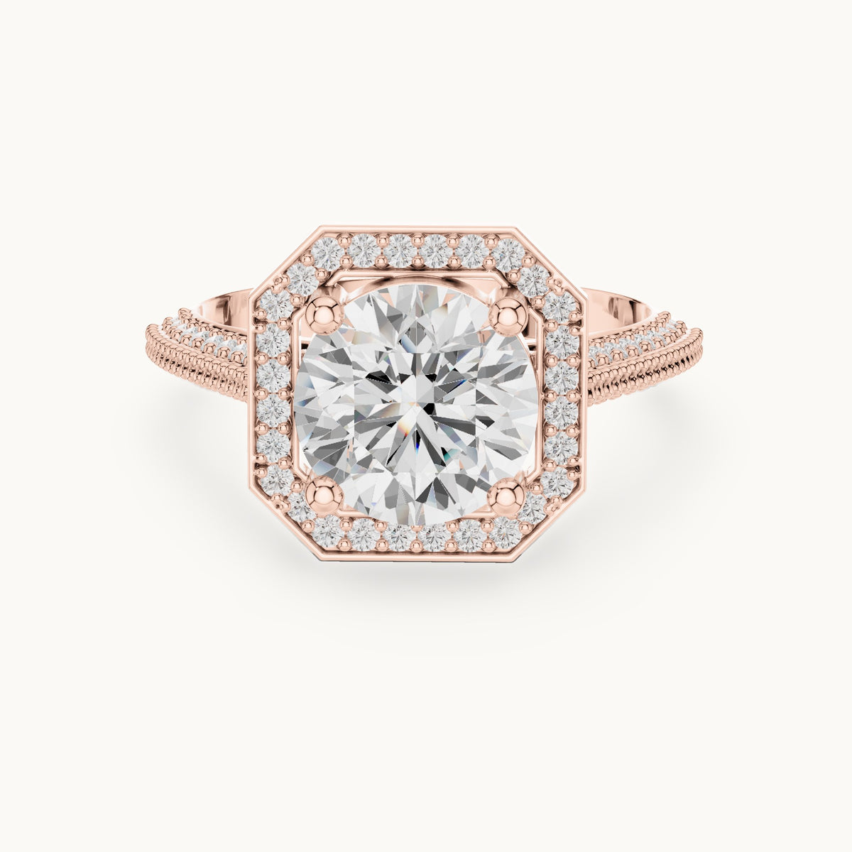 Round lab-grown diamond octagon halo engagement ring with pavé band in rose gold, 2.44 CT TW, view 4