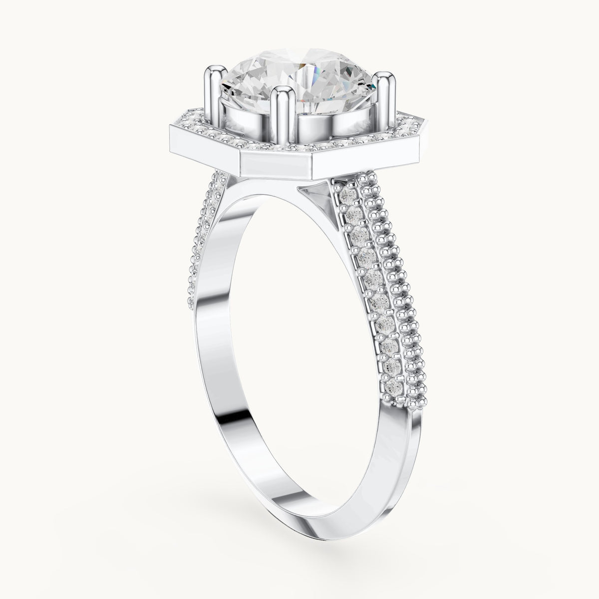 Round lab-grown diamond octagon halo engagement ring with pavé band in white gold, 2.44 CT TW, view 1
