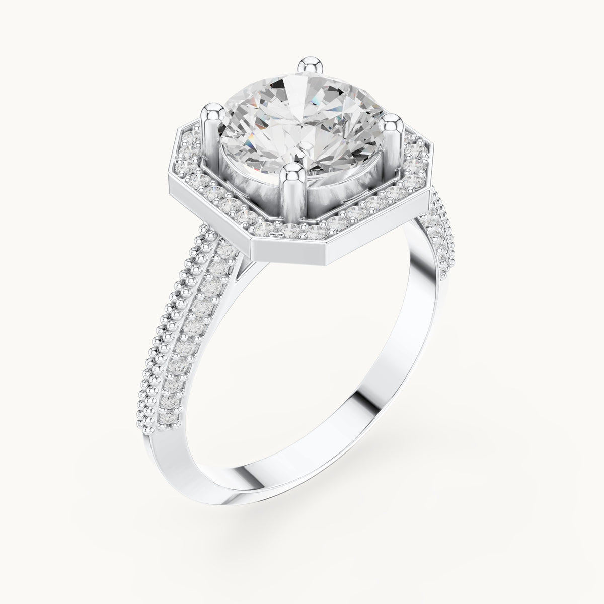 Round lab-grown diamond octagon halo engagement ring with pavé band in white gold, 2.44 CT TW, view 2