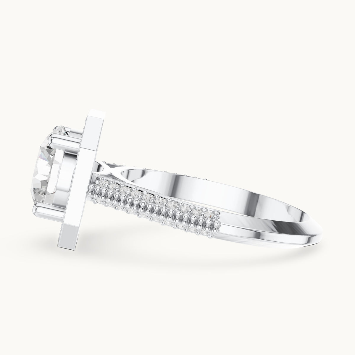 Round lab-grown diamond octagon halo engagement ring with pavé band in white gold, 2.44 CT TW, view 3
