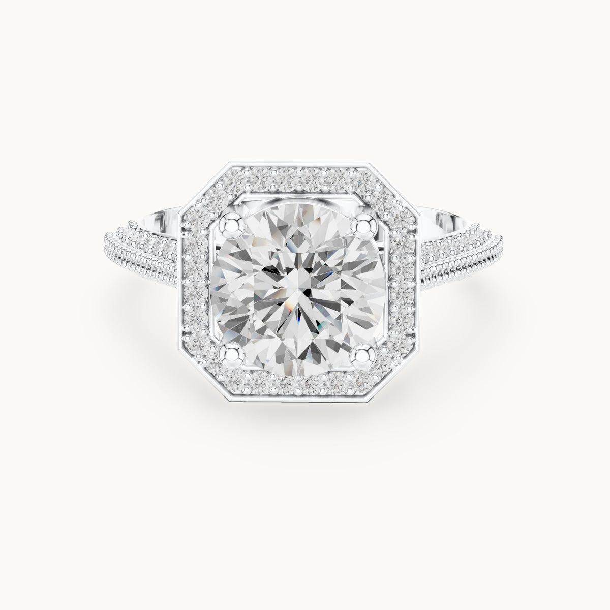 Round lab-grown diamond octagon halo engagement ring with pavé band in white gold, 2.44 CT TW, view 4