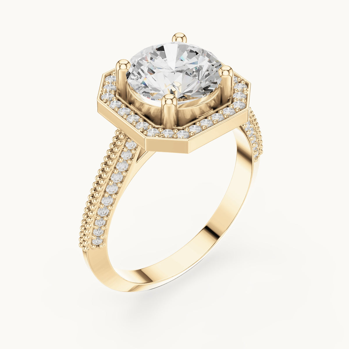 Round lab-grown diamond octagon halo engagement ring with pavé band in yellow gold, 2.44 CT TW, view 2