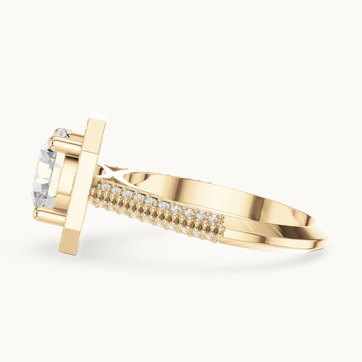 Round lab-grown diamond octagon halo engagement ring with pavé band in yellow gold, 2.44 CT TW, view 3