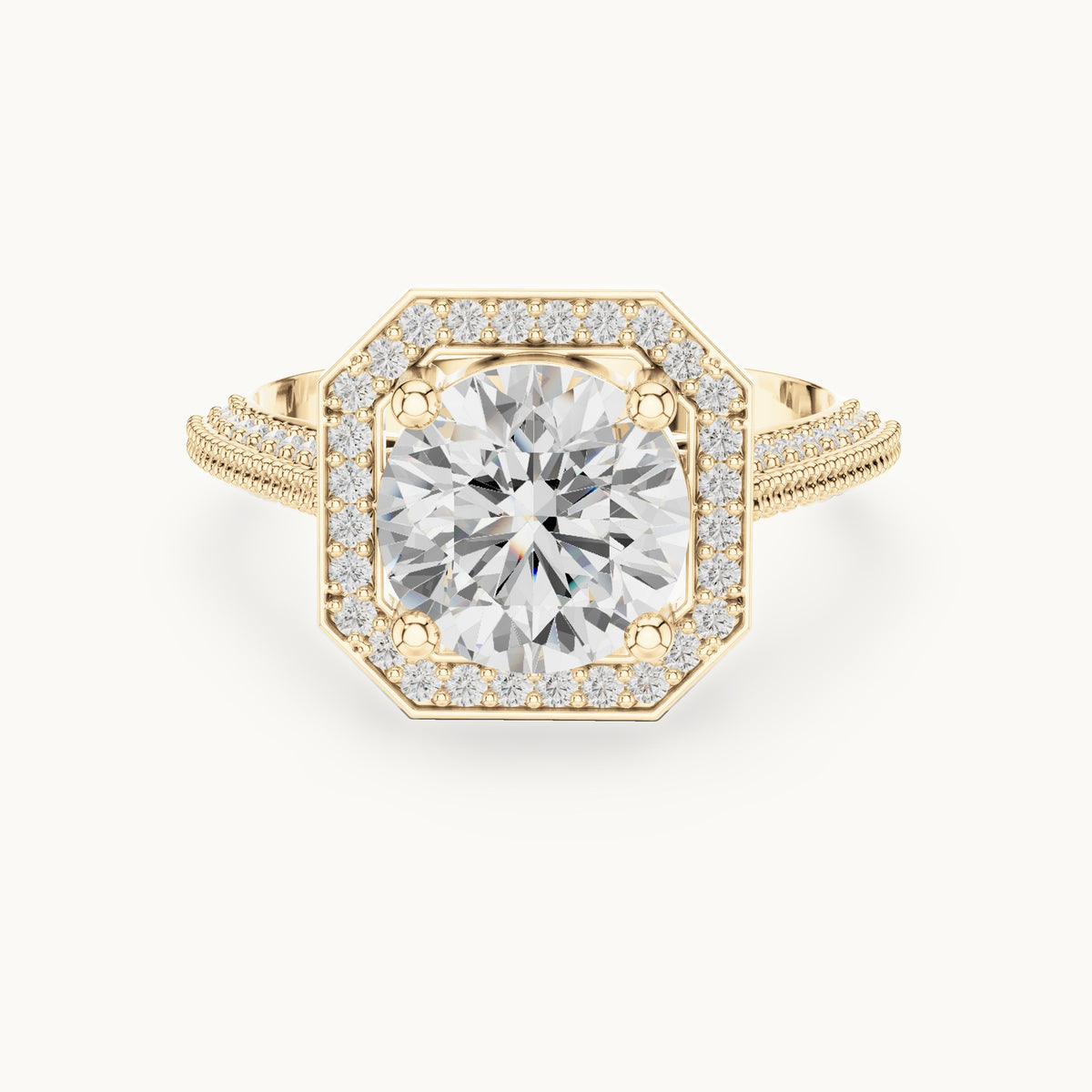 Round lab-grown diamond octagon halo engagement ring with pavé band in yellow gold, 2.44 CT TW, view 4