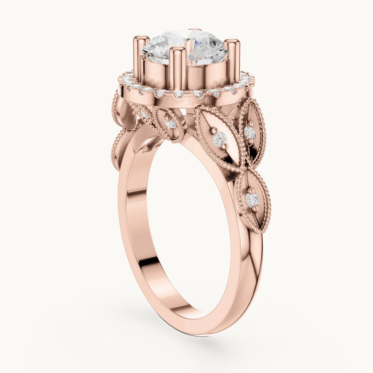 Round lab-grown diamond vintage milgrain halo engagement ring in rose gold, 2.33 CT TW, view 1