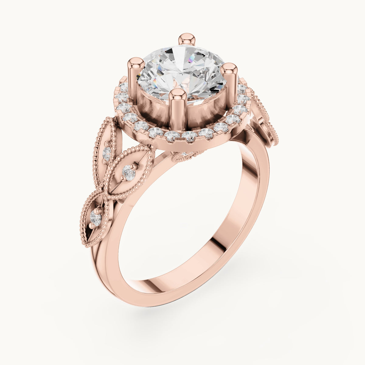 Round lab-grown diamond vintage milgrain halo engagement ring in rose gold, 2.33 CT TW, view 2