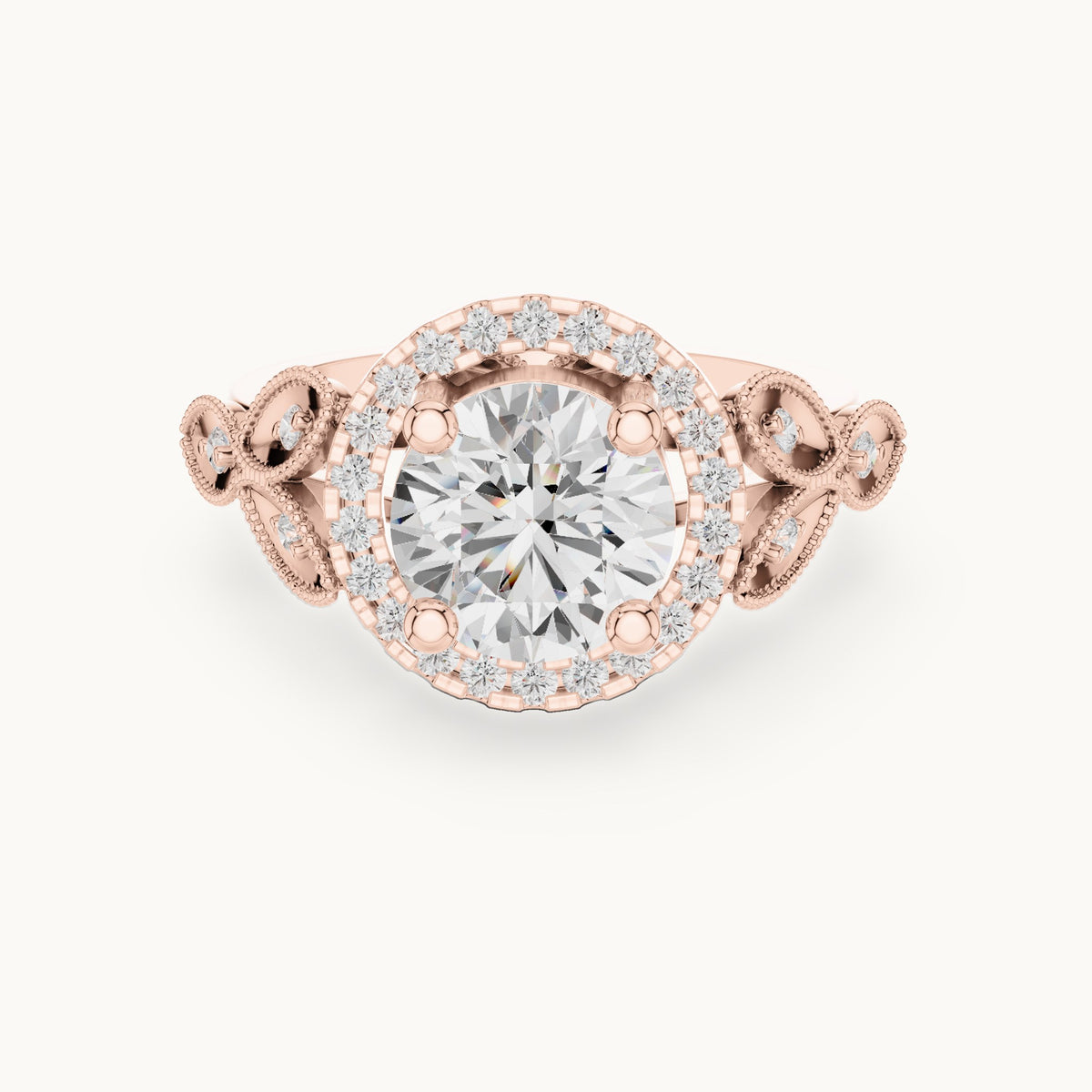Round lab-grown diamond vintage milgrain halo engagement ring in rose gold, 2.33 CT TW, view 4