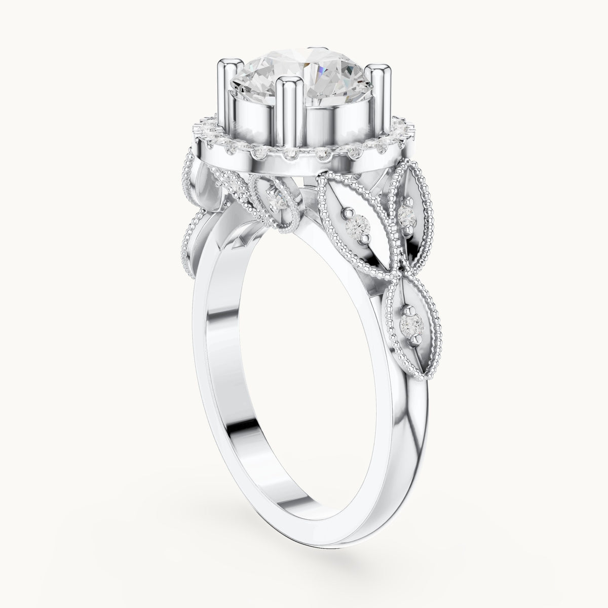 Round lab-grown diamond vintage milgrain halo engagement ring in white gold, 2.33 CT TW, view 1