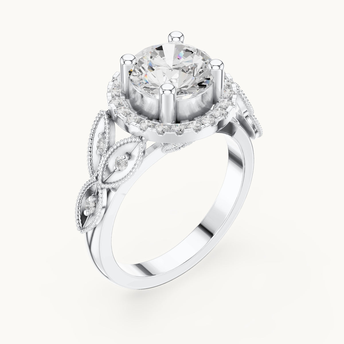 Round lab-grown diamond vintage milgrain halo engagement ring in white gold, 2.33 CT TW, view 2