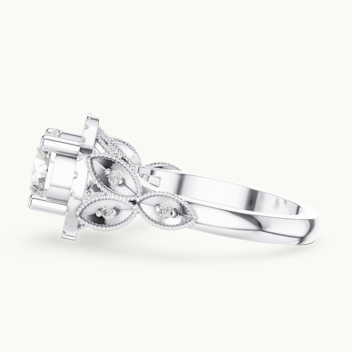 Round lab-grown diamond vintage milgrain halo engagement ring in white gold, 2.33 CT TW, view 3