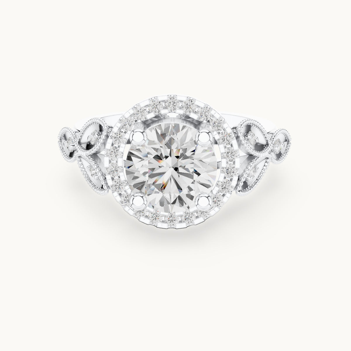 Round lab-grown diamond vintage milgrain halo engagement ring in white gold, 2.33 CT TW, view 4
