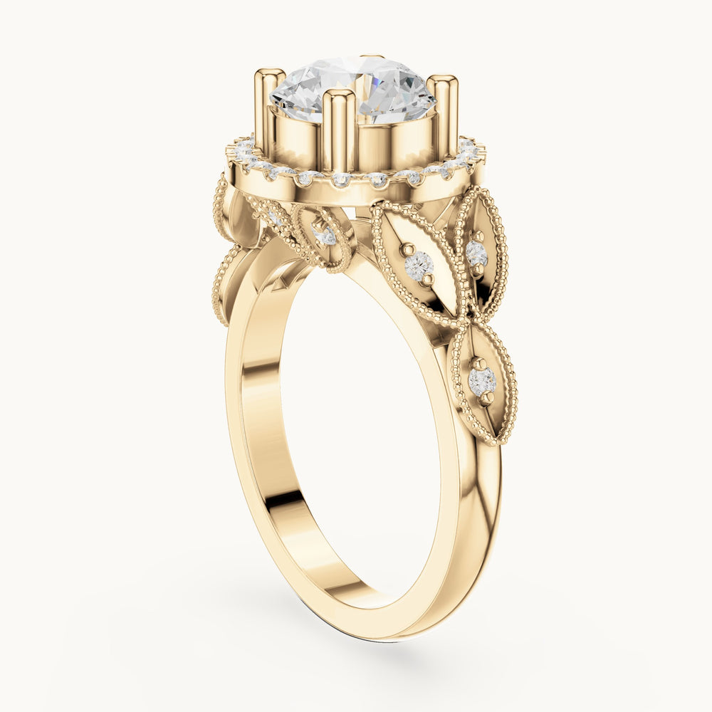 Round lab-grown diamond vintage milgrain halo engagement ring in yellow gold, 2.33 CT TW, view 1