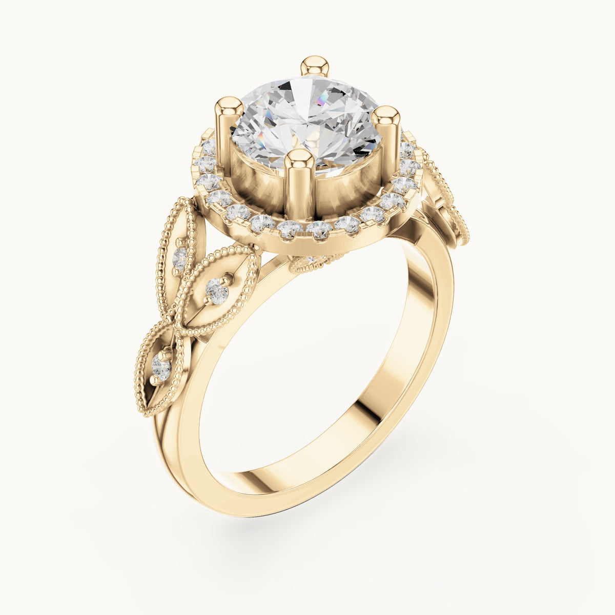 Round lab-grown diamond vintage milgrain halo engagement ring in yellow gold, 2.33 CT TW, view 2