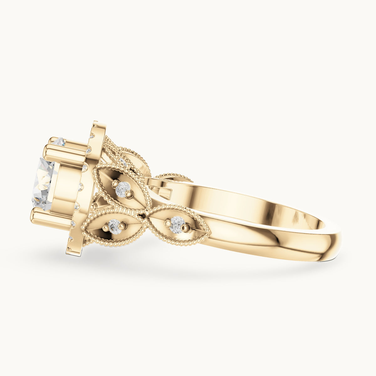 Round lab-grown diamond vintage milgrain halo engagement ring in yellow gold, 2.33 CT TW, view 3