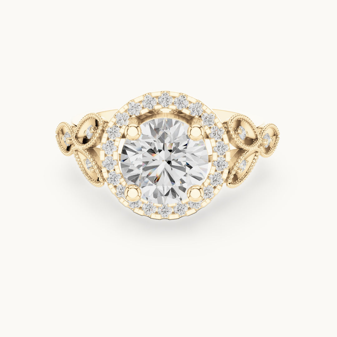 Round lab-grown diamond vintage milgrain halo engagement ring in yellow gold, 2.33 CT TW, view 4
