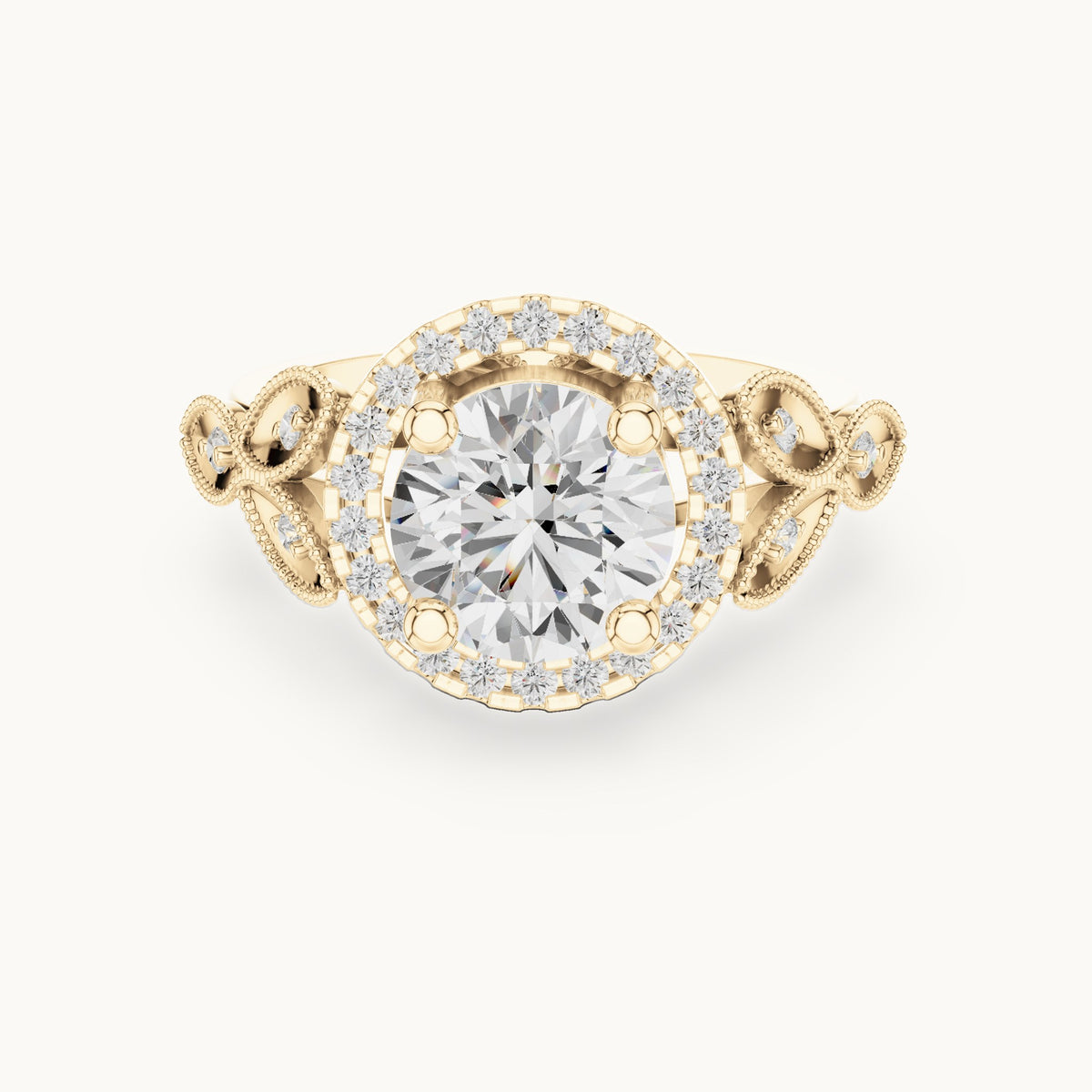 Round lab-grown diamond vintage milgrain halo engagement ring in yellow gold, 2.33 CT TW, view 4