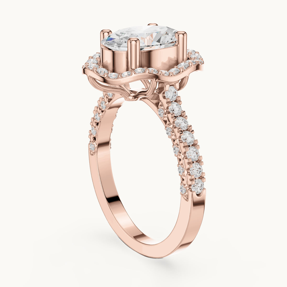 Oval lab-grown diamond halo engagement ring with pavé band in rose gold, 2.59 CT TW, view 1