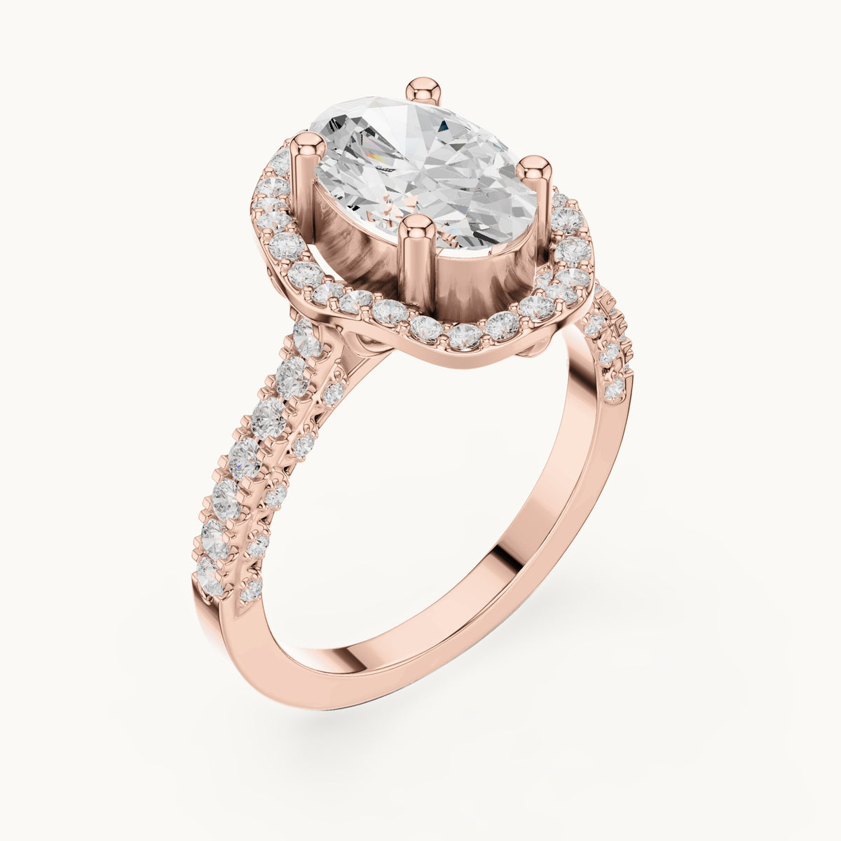 Oval lab-grown diamond halo engagement ring with pavé band in rose gold, 2.59 CT TW, view 2