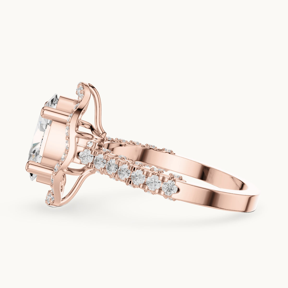 Oval lab-grown diamond halo engagement ring with pavé band in rose gold, 2.59 CT TW, view 3