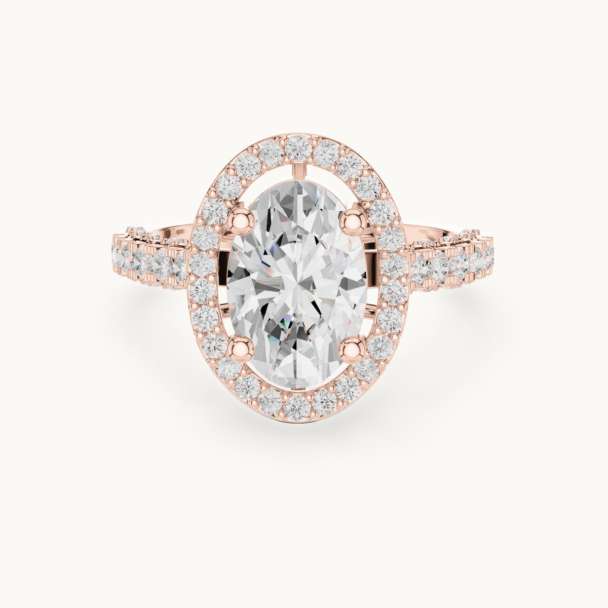 Oval lab-grown diamond halo engagement ring with pavé band in rose gold, 2.59 CT TW, view 4