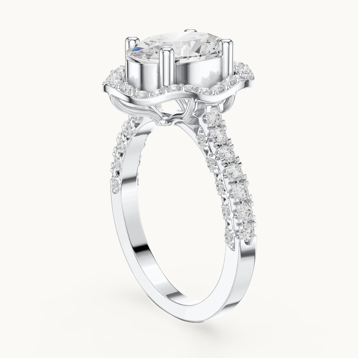 Oval lab-grown diamond halo engagement ring with pavé band in white gold, 2.59 CT TW, view 1