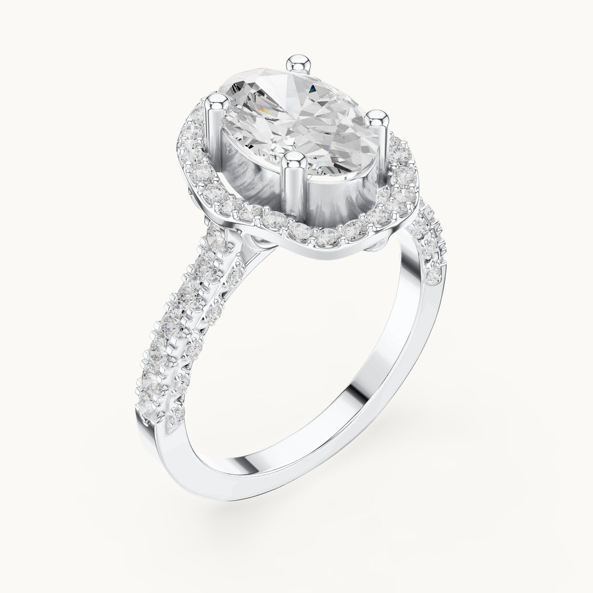Oval lab-grown diamond halo engagement ring with pavé band in white gold, 2.59 CT TW, view 2