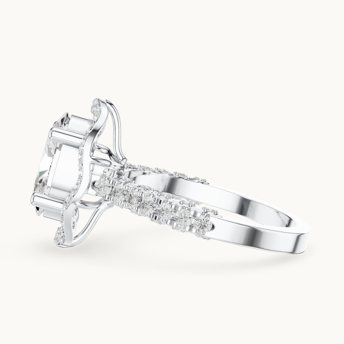 Oval lab-grown diamond halo engagement ring with pavé band in white gold, 2.59 CT TW, view 3