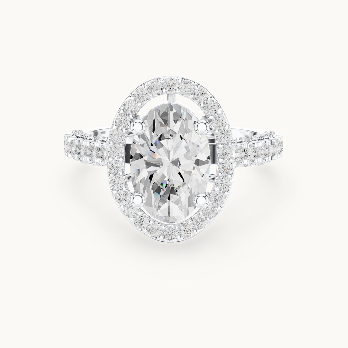 Oval lab-grown diamond halo engagement ring with pavé band in white gold, 2.59 CT TW, view 4