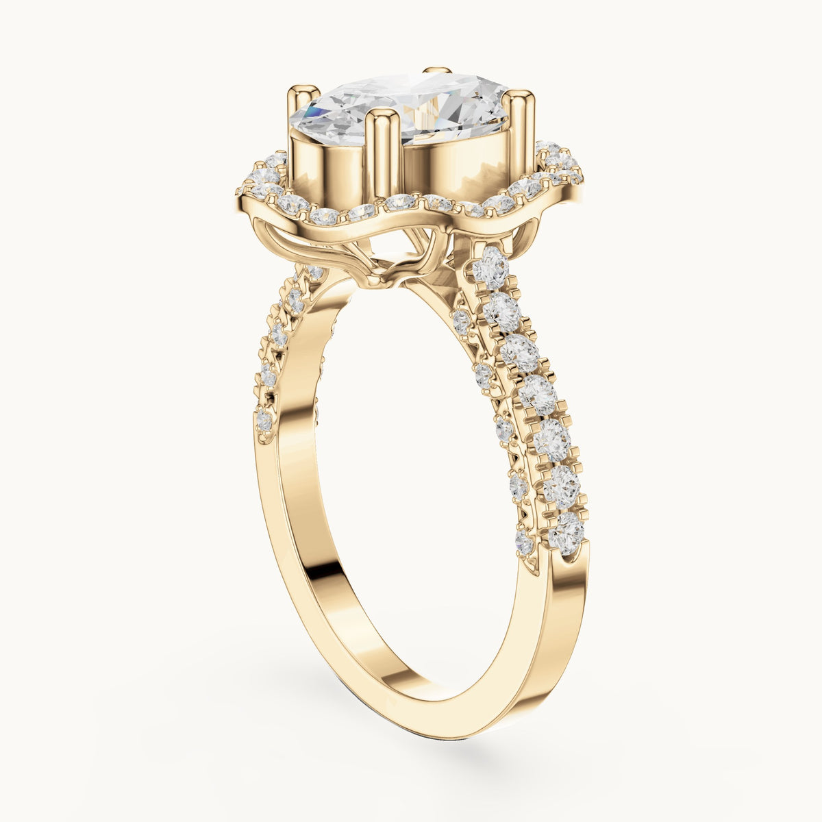 Oval lab-grown diamond halo engagement ring with pavé band in yellow gold, 2.59 CT TW, view 1