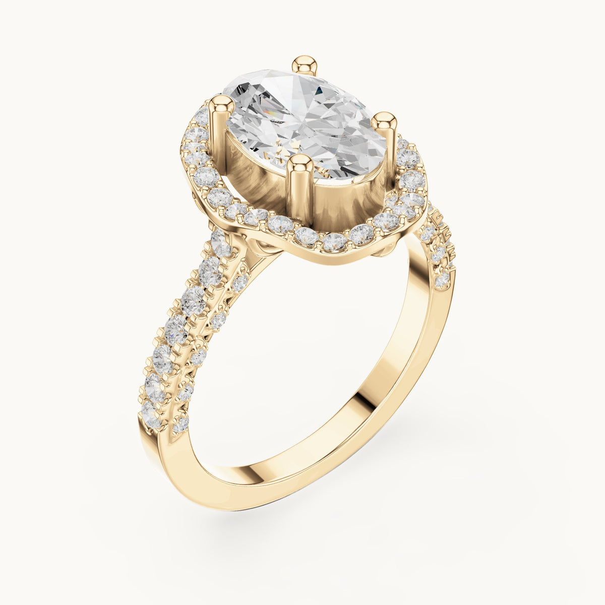 Oval lab-grown diamond halo engagement ring with pavé band in yellow gold, 2.59 CT TW, view 2