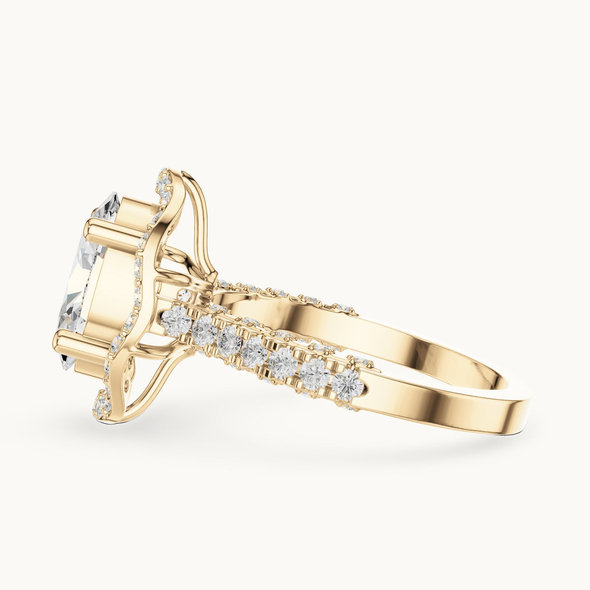 Oval lab-grown diamond halo engagement ring with pavé band in yellow gold, 2.59 CT TW, view 3