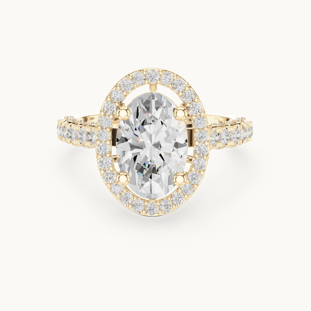 Oval lab-grown diamond halo engagement ring with pavé band in yellow gold, 2.59 CT TW, view 4