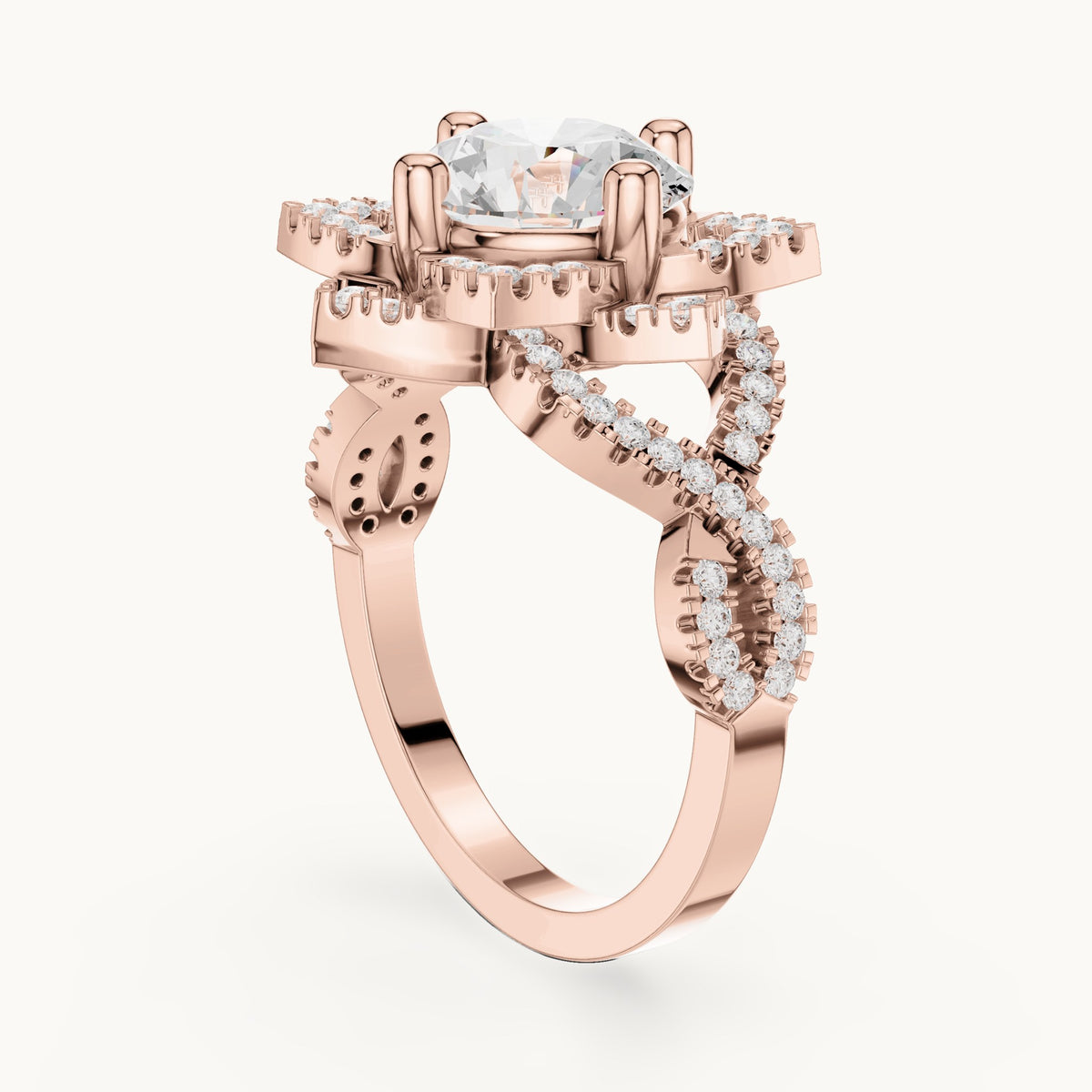 Round lab-grown diamond starburst halo engagement ring with twisted pavé band in rose gold, 2.42 CT TW, view 1