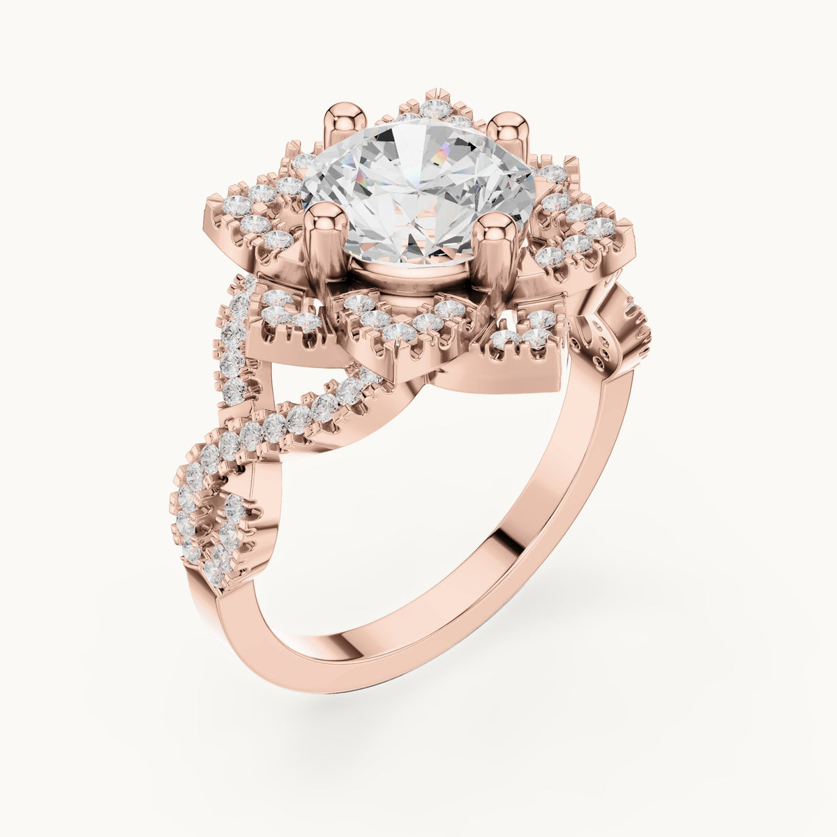 Round lab-grown diamond starburst halo engagement ring with twisted pavé band in rose gold, 2.42 CT TW, view 2