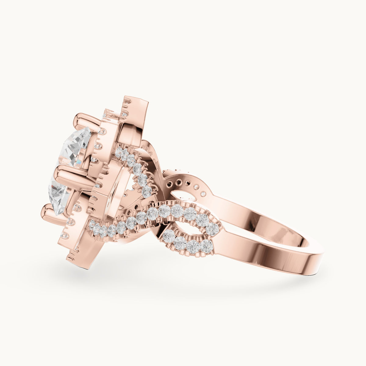 Round lab-grown diamond starburst halo engagement ring with twisted pavé band in rose gold, 2.42 CT TW, view 3