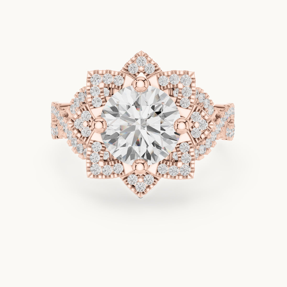 Round lab-grown diamond starburst halo engagement ring with twisted pavé band in rose gold, 2.42 CT TW, view 4